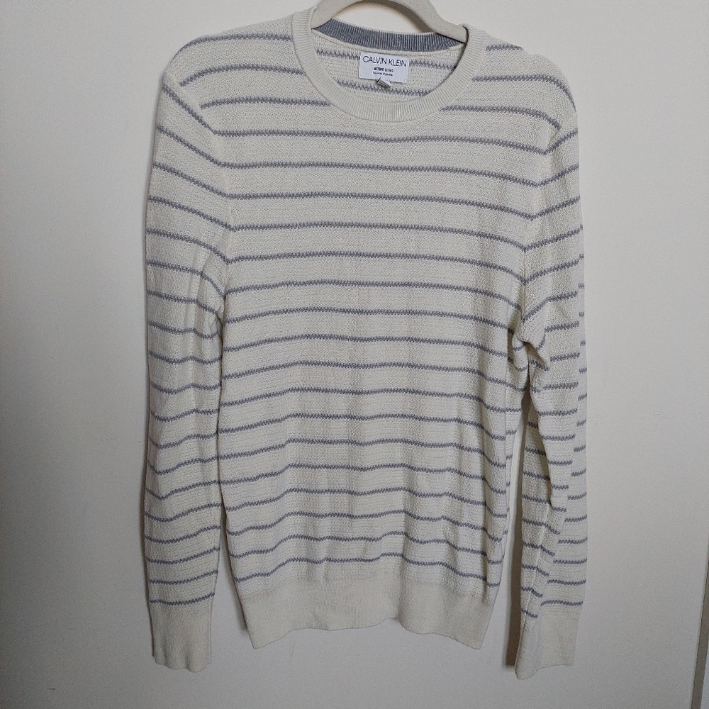 Ivory Striped Calvin Klein Merino Wool Sweater Size Medium